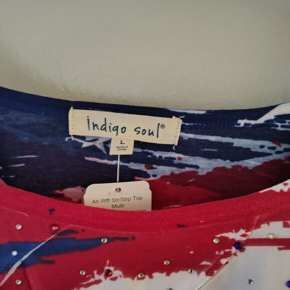 Womens Indigo Soul American Blouse Large Patriotic Rhinestones Stars and Stripes - Picture 2 of 6